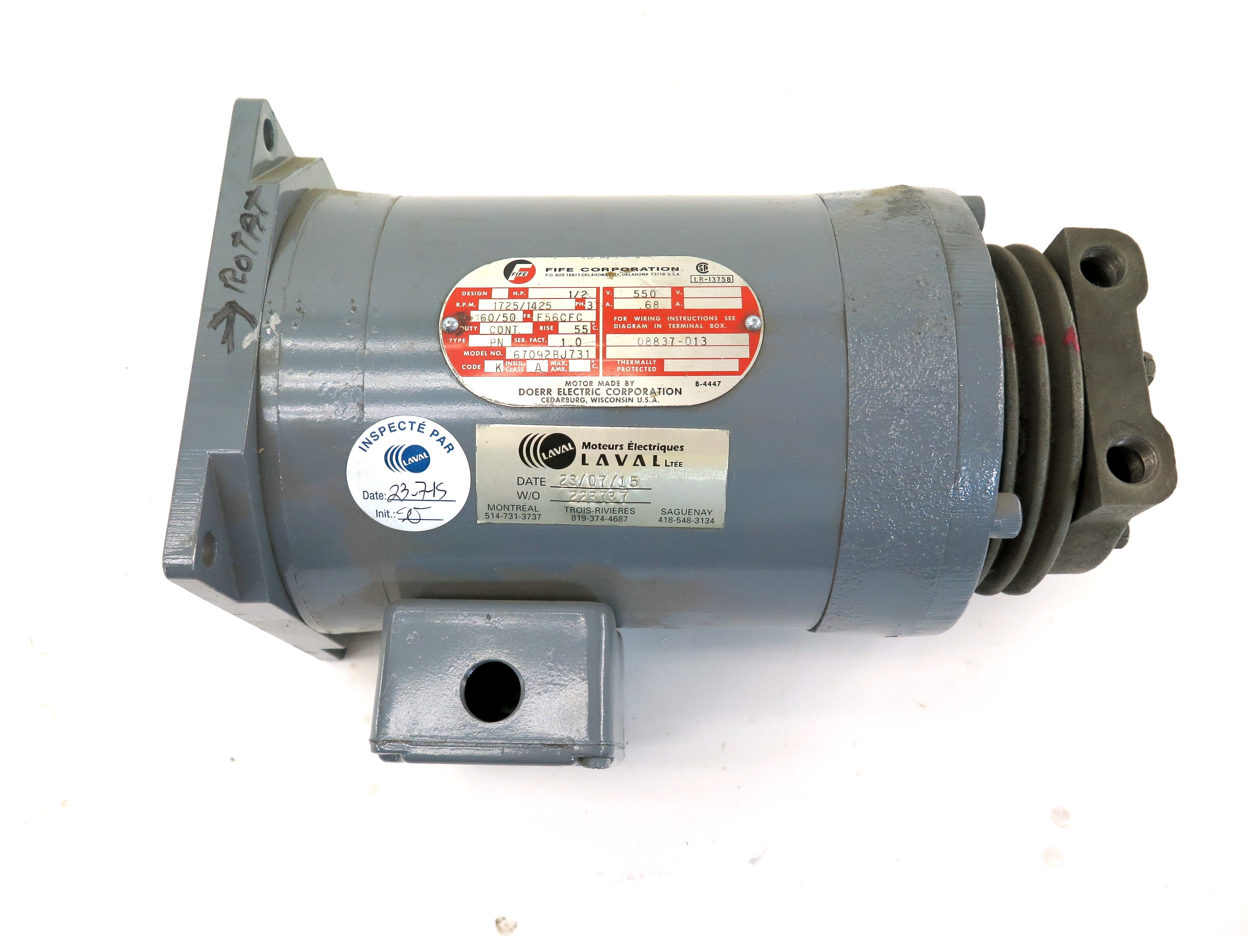 Doerr Electric / FIFE 67092BJ731 Electric Motor 1/2 Hp 550Vac 1725/142 Advance Operations