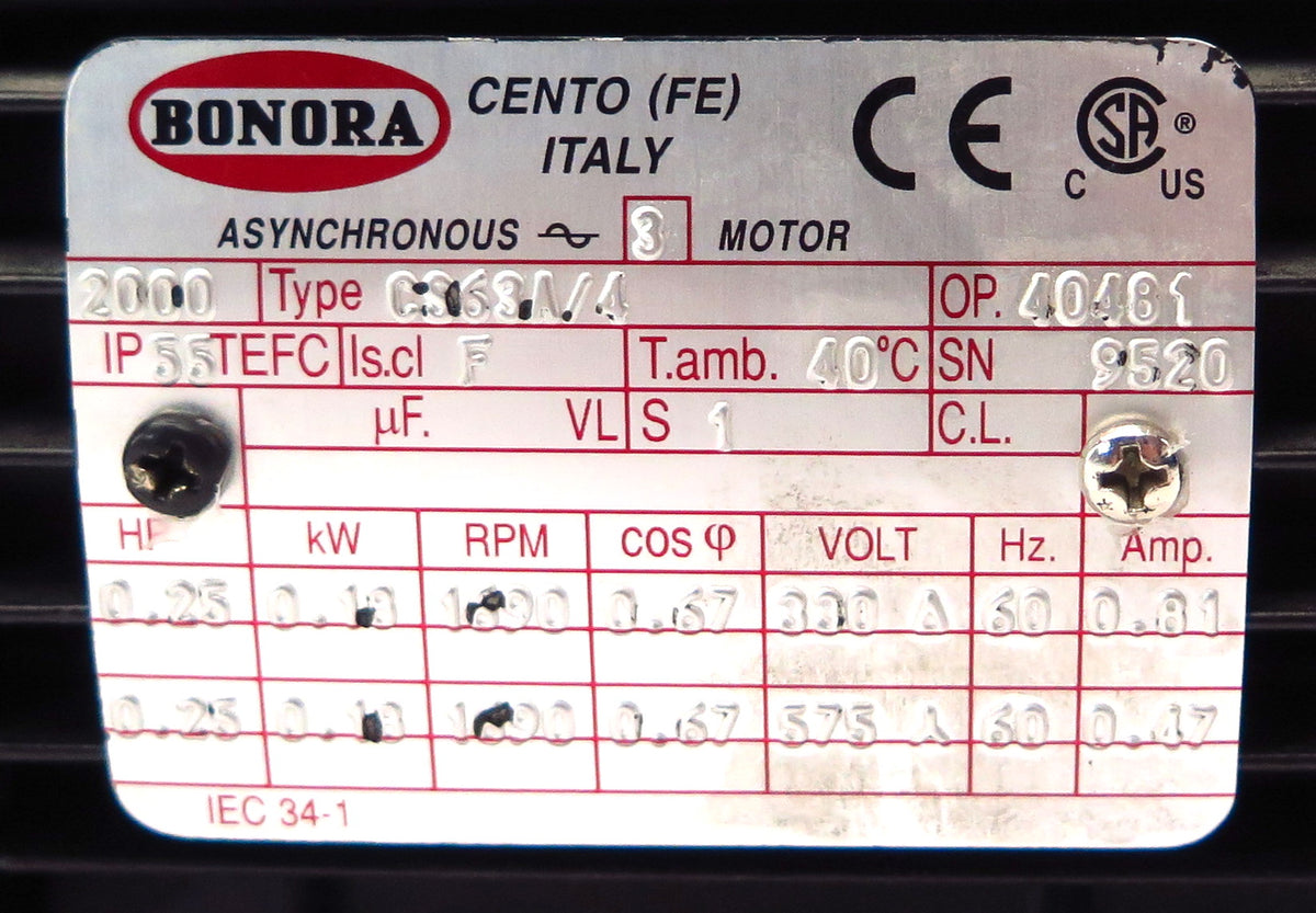 Bonora Asynchronous Electric Motor Type CS63A/4 0.25HP 330/550V - Advance Operations