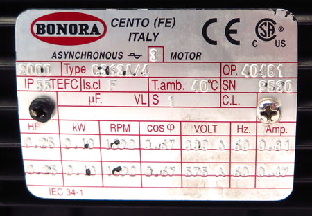 Bonora Asynchronous Electric Motor Type CS63A/4 0.25HP 330/550V - Advance Operations