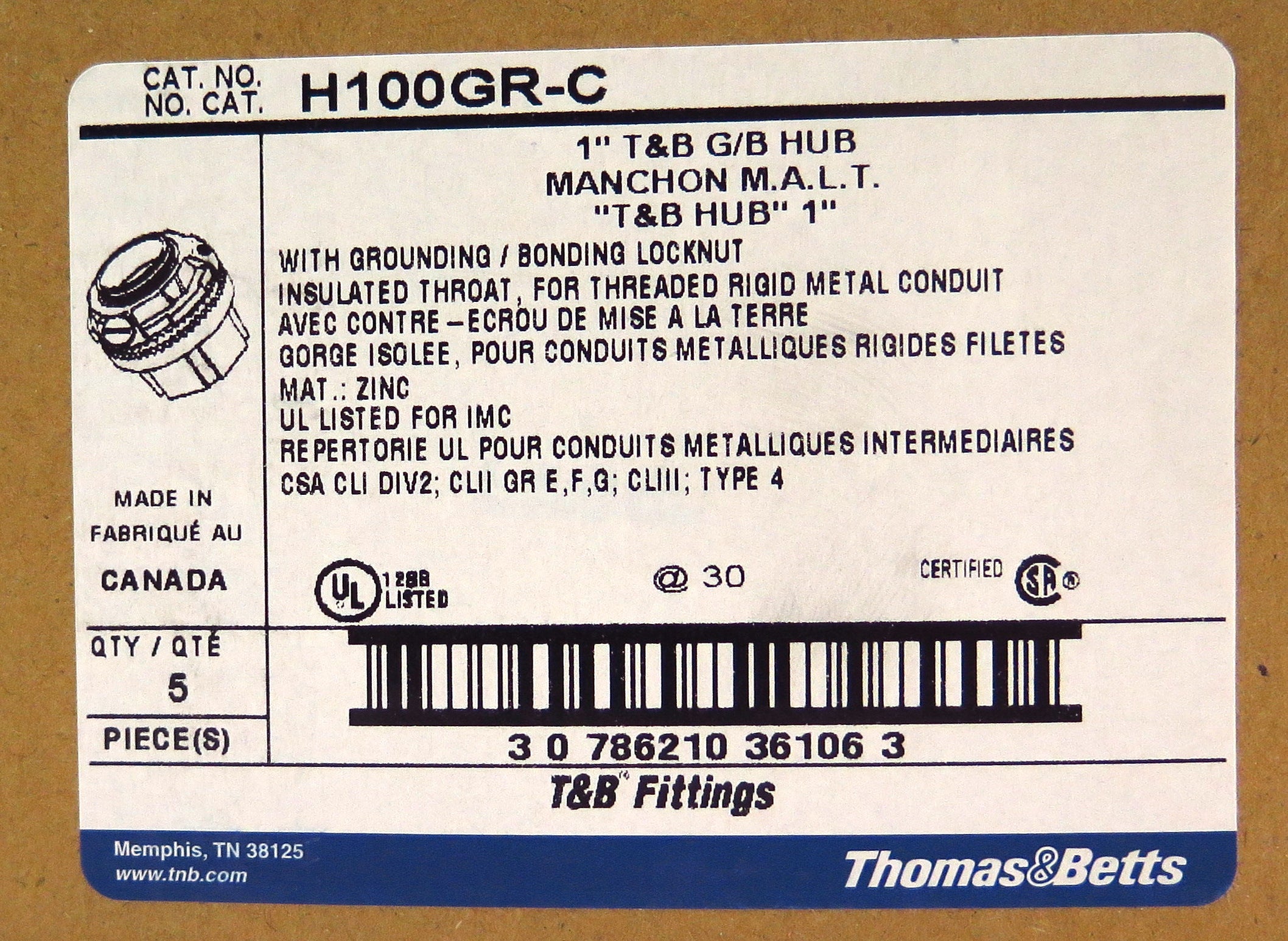 Thomas & Betts Insulated Grounding Hub H100GR-C 1" (5) - Advance Operations