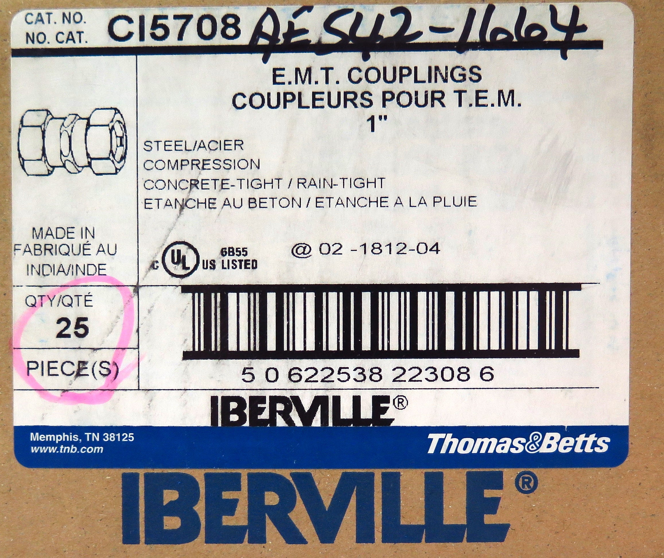Thomas & Betts CI5708 EMT Compression Fitting Coupling 1" Steel (25) - Advance Operations