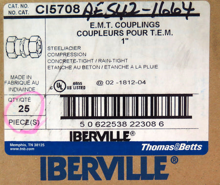 Thomas & Betts CI5708 EMT Compression Fitting Coupling 1" Steel (25) - Advance Operations