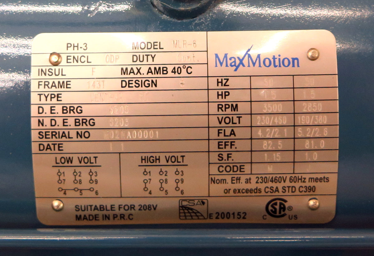 Max Motion Electric Motor MLR-6 1.5 HP 3PH 230/460V - Advance Operations