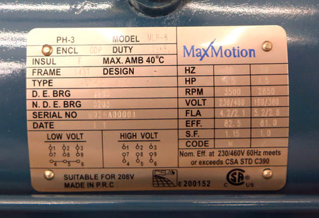 Max Motion Electric Motor MLR-6 1.5 HP 3PH 230/460V - Advance Operations