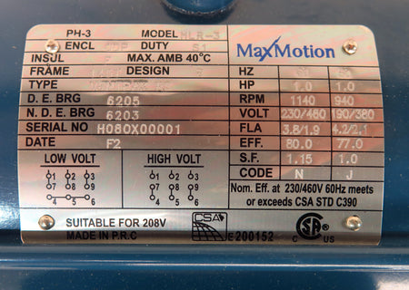 Max Motion Electric Motor MLR-3 1.0 HP 3PH 230/460V - Advance Operations