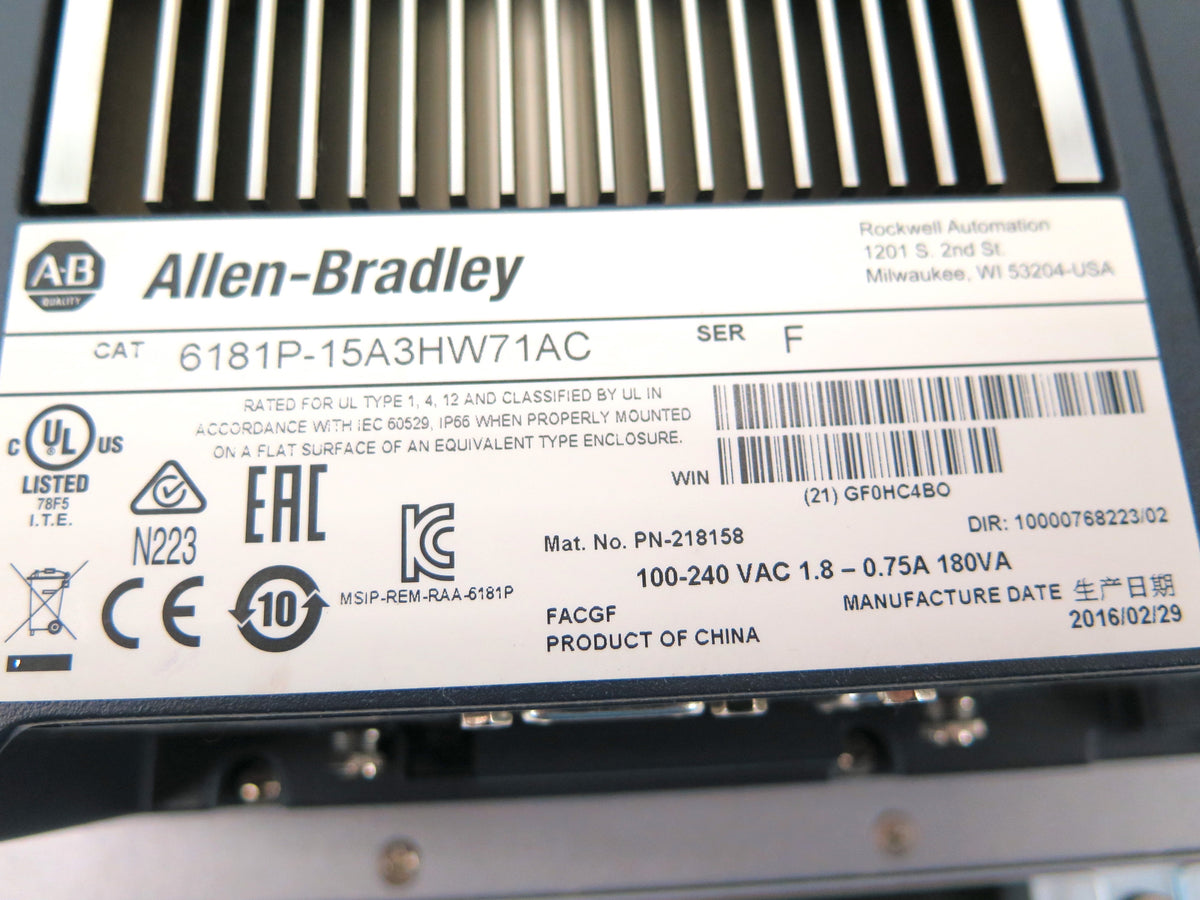 Allen-Bradley 6181P-15A3HW71AC VersaView 1500P HMI Display 15" Mint - Advance Operations