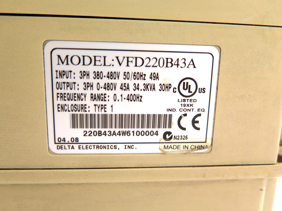 Delta VFD220B43A Inverter Frequency Converter 30HP 380-480V 49A - Advance Operations