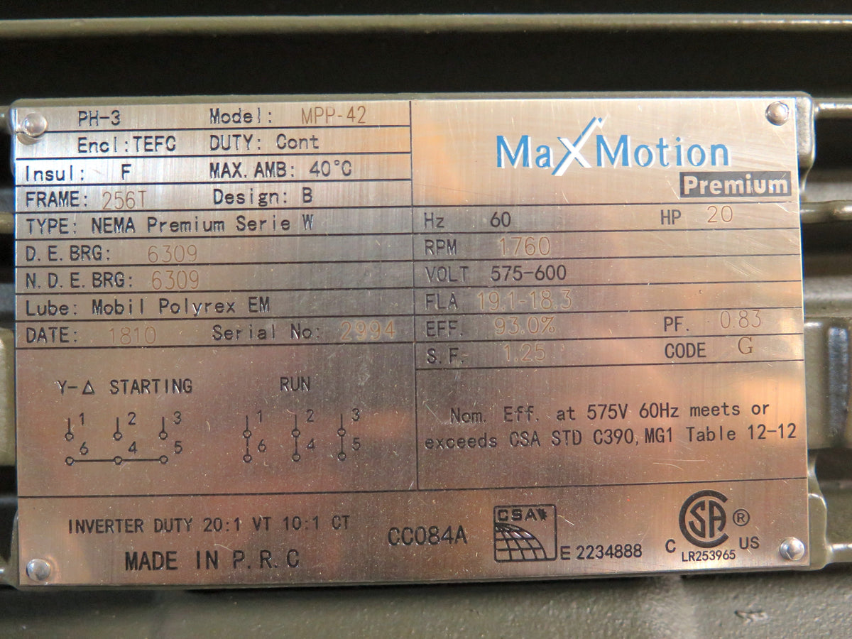 Max Motion Premium Electric Motor MPP-42 20 HP 1760 RPM 3PH 575-600 V 60 Hz - Advance Operations