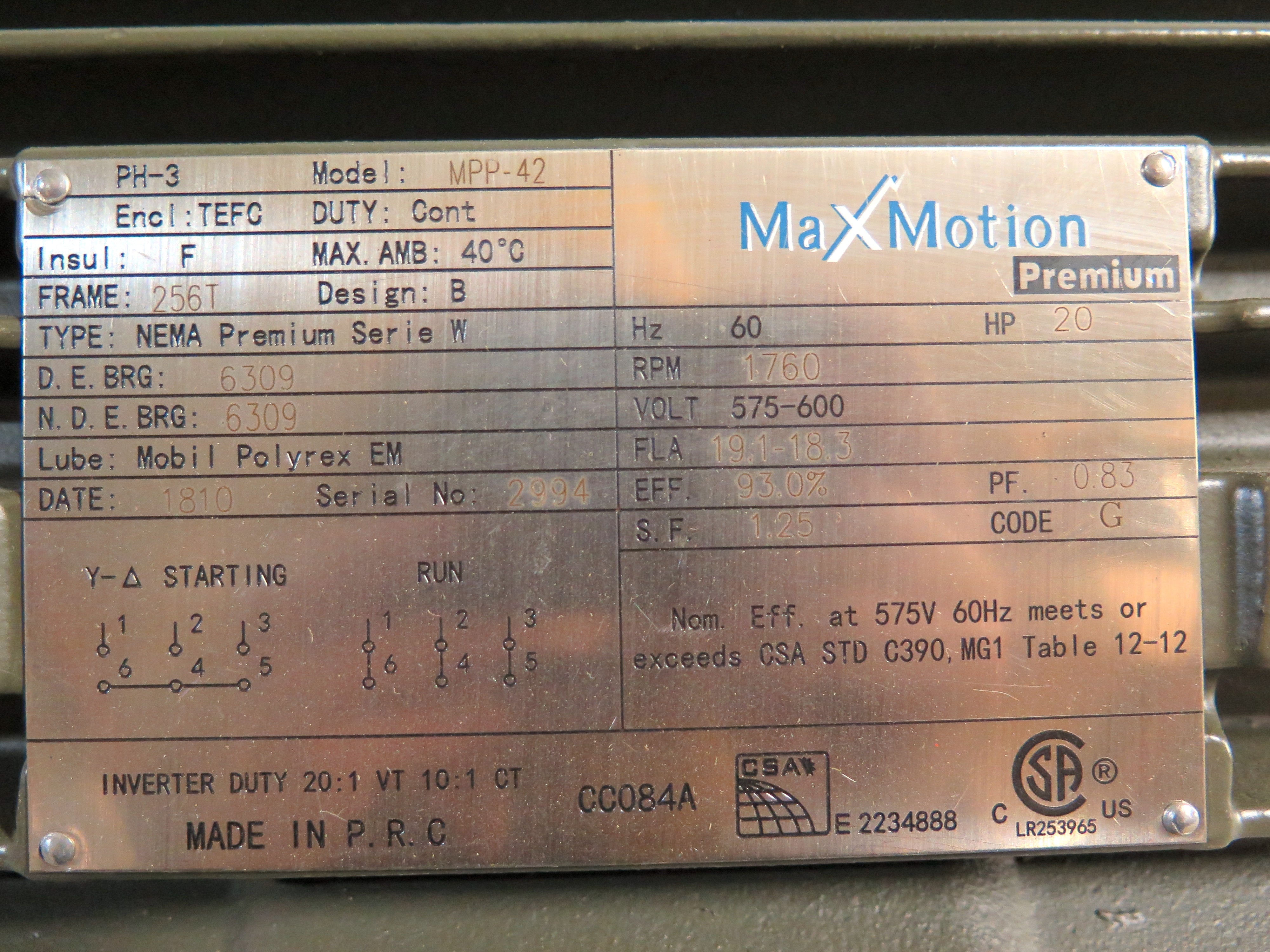 Max Motion Premium Electric Motor MPP-42 20 HP 1760 RPM 3PH 575-600 V 60 Hz - Advance Operations
