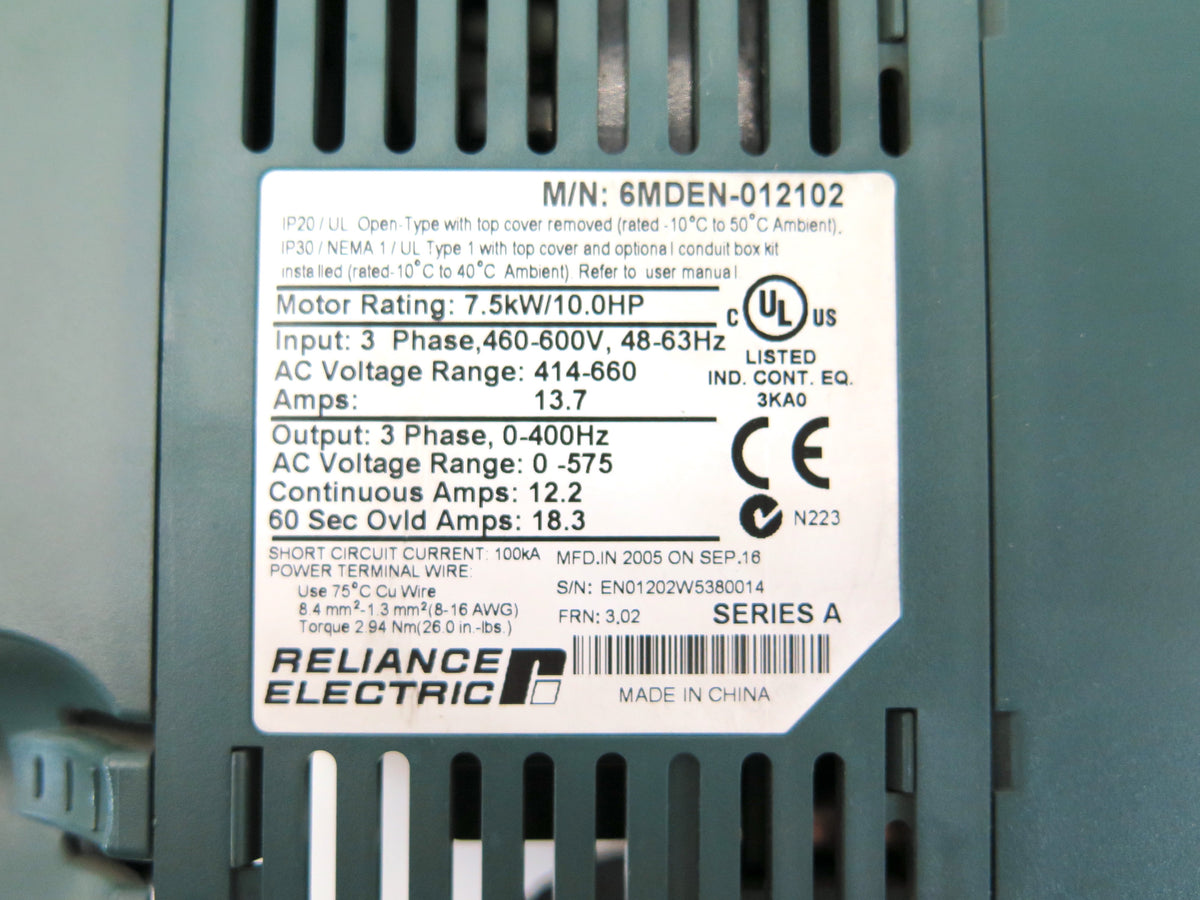 Reliance Electric 6MDEN-012102 AC Drive 10HP 3PH 460-600V - Advance Operations