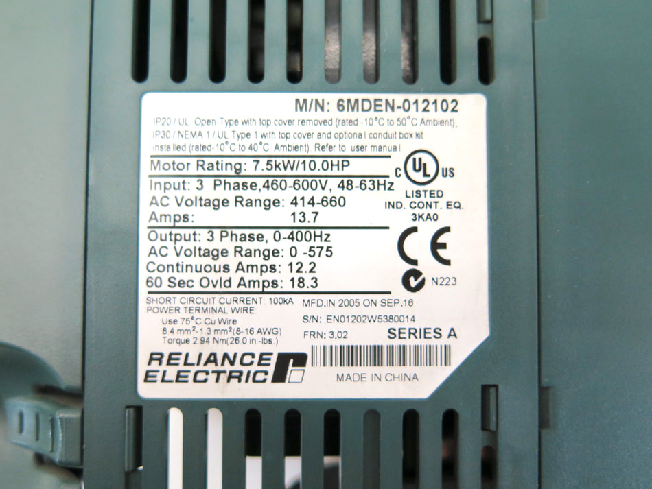 Reliance Electric 6MDEN-012102 AC Drive 10HP 3PH 460-600V - Advance Operations
