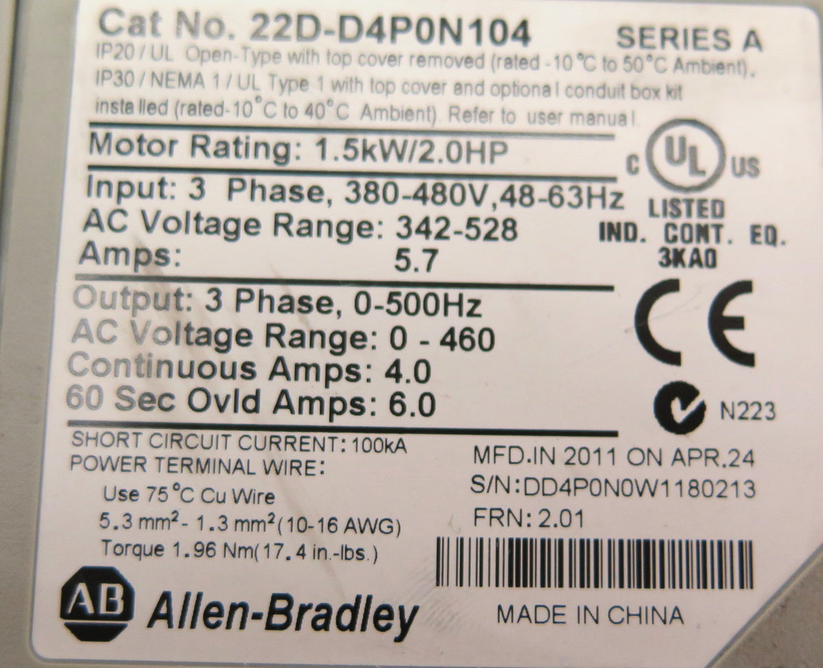 Allen-Bradley 22D-D4P0N104 Ac Drive 1.5kW / 2.0Hp 380-480V - Advance Operations