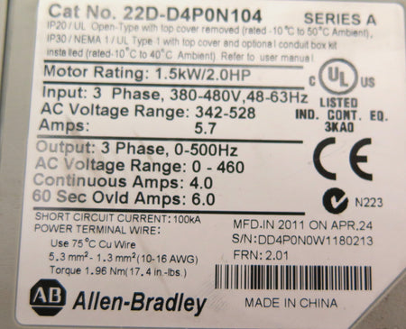 Allen-Bradley 22D-D4P0N104 Ac Drive 1.5kW / 2.0Hp 380-480V - Advance Operations