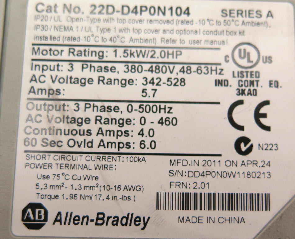 Allen-Bradley 22D-D4P0N104 Ac Drive 1.5kW / 2.0Hp 380-480V - Advance Operations