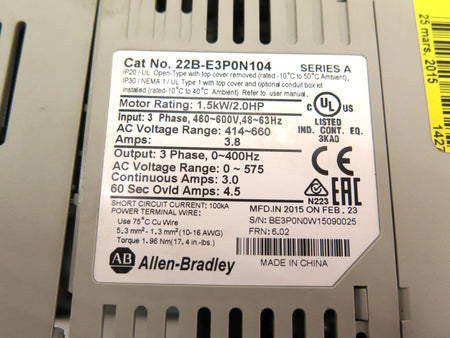 Allen-Bradley 22B-E3P0N104 AC Drive 1.5kW/2Hp 460-600Vac + 315361-A01 Module - Advance Operations
