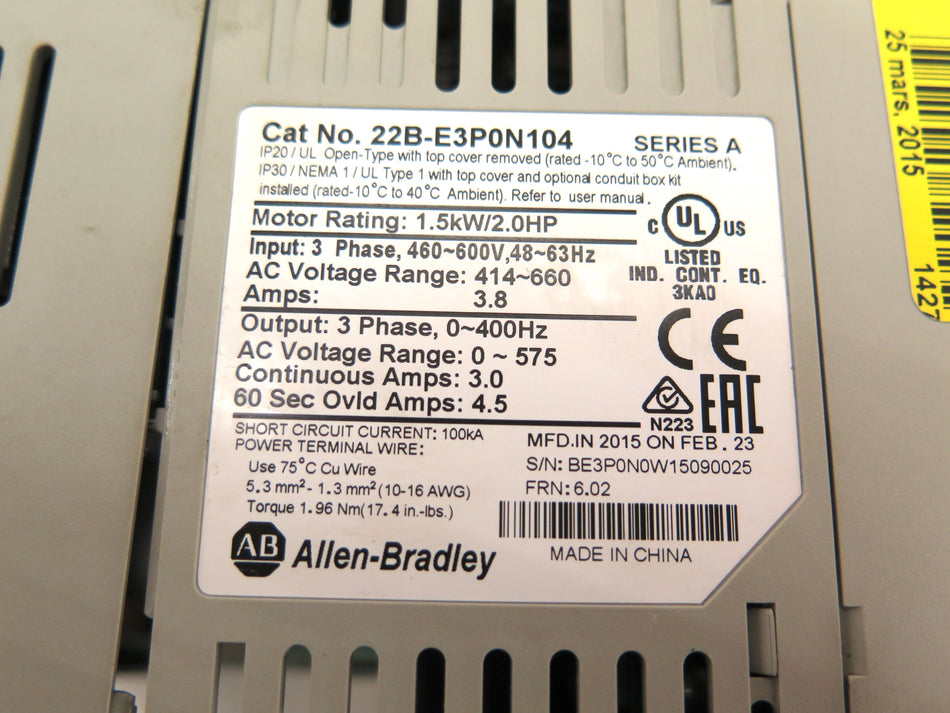 Allen-Bradley 22B-E3P0N104 AC Drive 1.5kW/2Hp 460-600Vac + 315361-A01 Module - Advance Operations