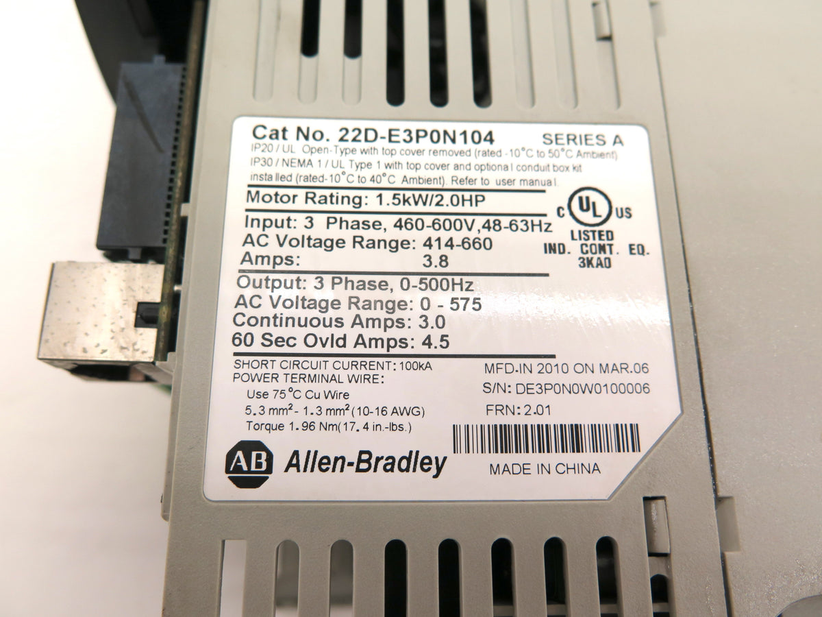 Allen-Bradley 22D-E3P0N104 AC Drive 1.5kW / 2Hp 460-600Vac  NO COVER - Advance Operations