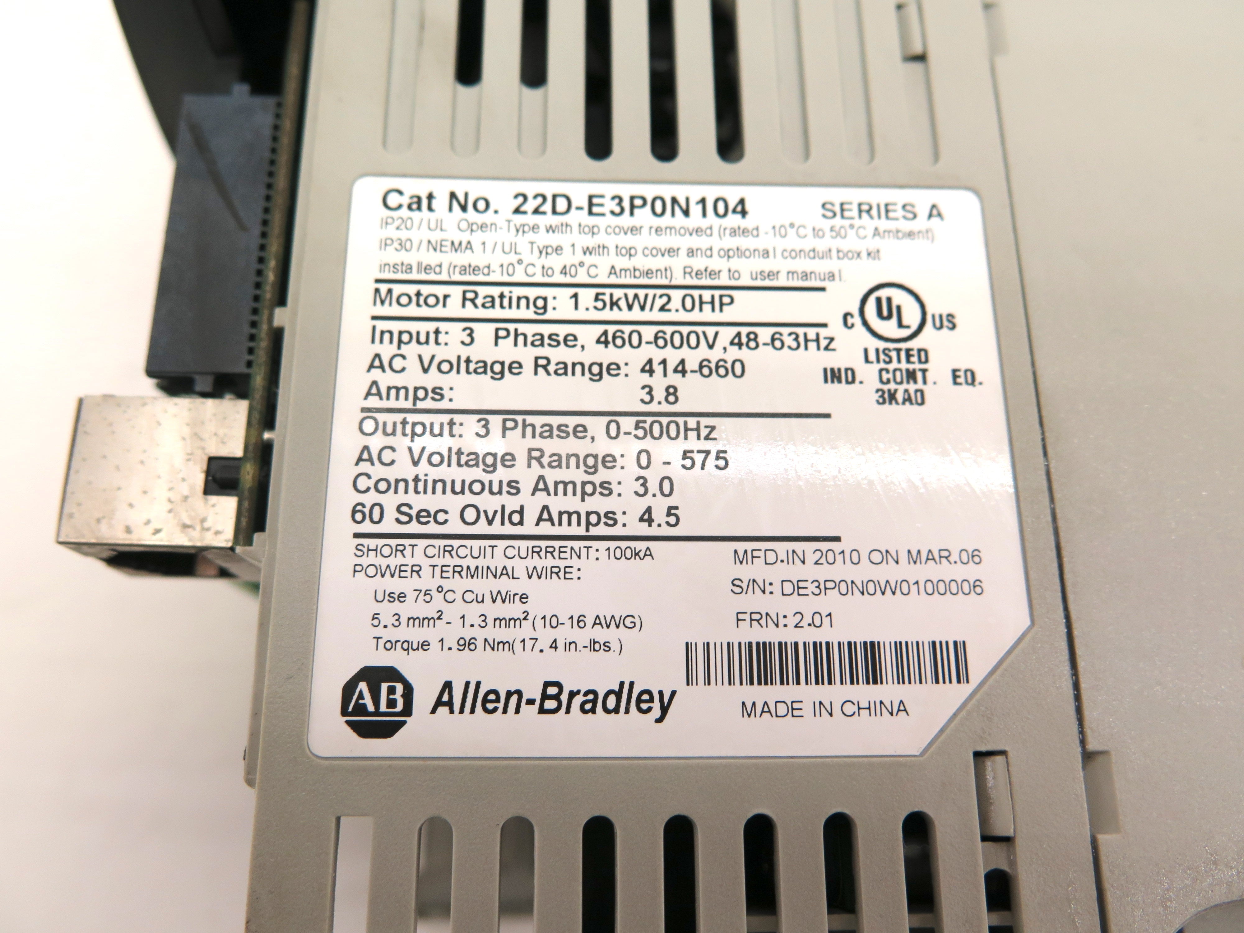 Allen-Bradley 22D-E3P0N104 AC Drive 1.5kW / 2Hp 460-600Vac  NO COVER - Advance Operations
