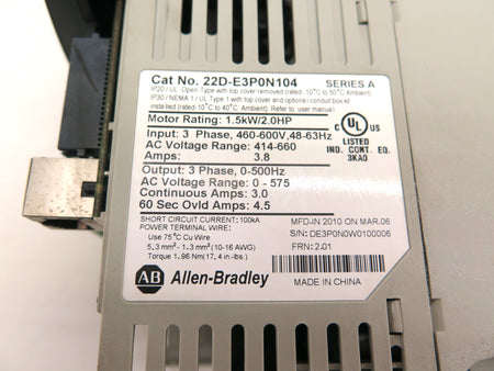 Allen-Bradley 22D-E3P0N104 AC Drive 1.5kW / 2Hp 460-600Vac  NO COVER - Advance Operations