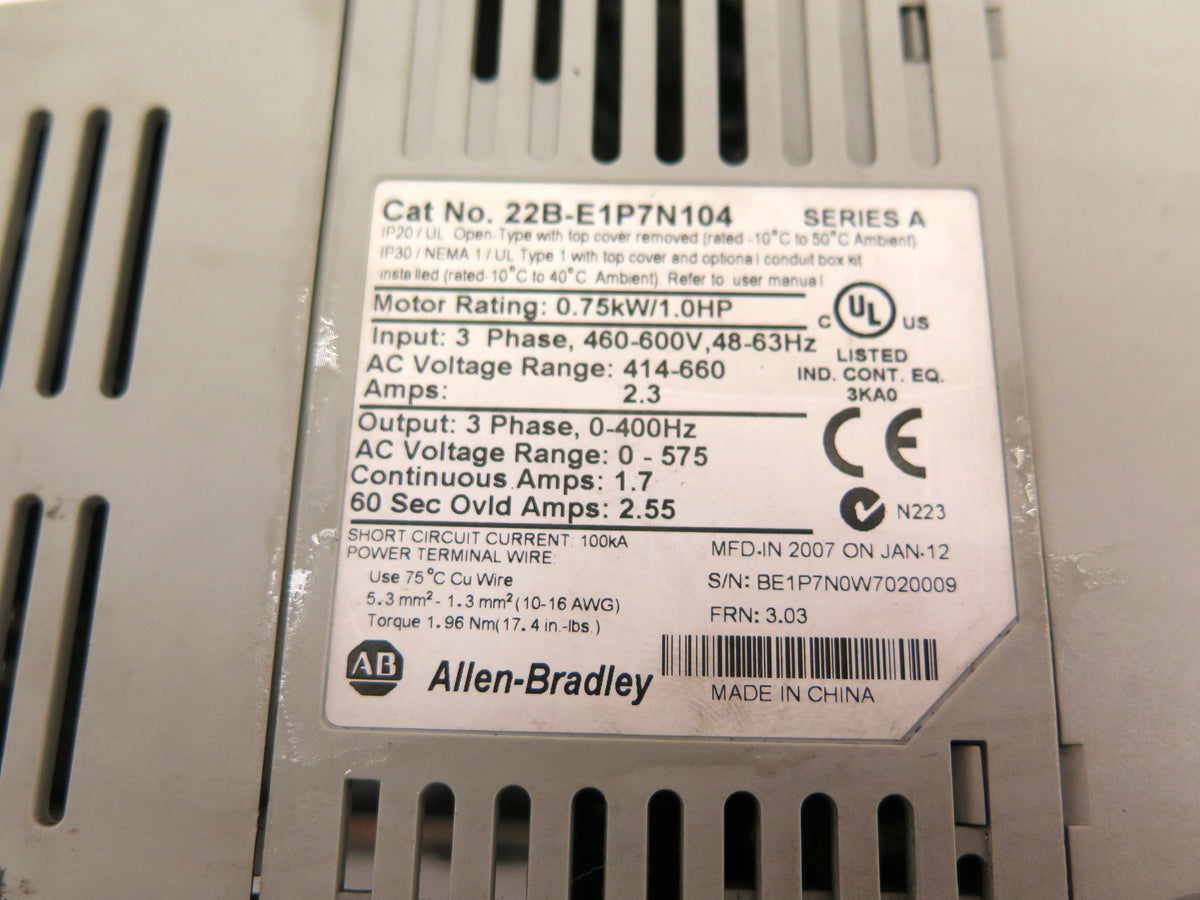 Allen-Bradley 22B-E1P7N104 AC Drive 0.75kW/1HP 460-600V + 315361-A01 Module - Advance Operations