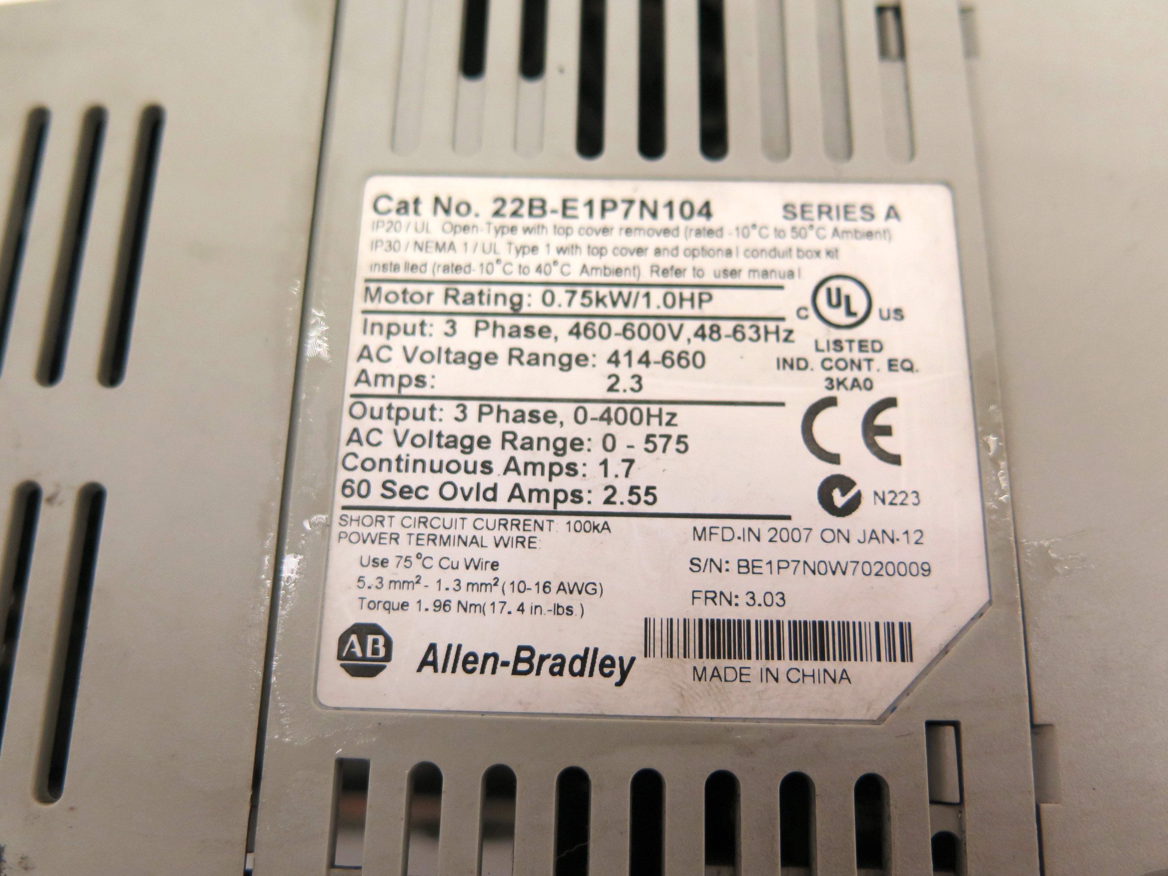 Allen-Bradley 22B-E1P7N104 AC Drive 0.75kW/1HP 460-600V + 315361-A01 Module - Advance Operations