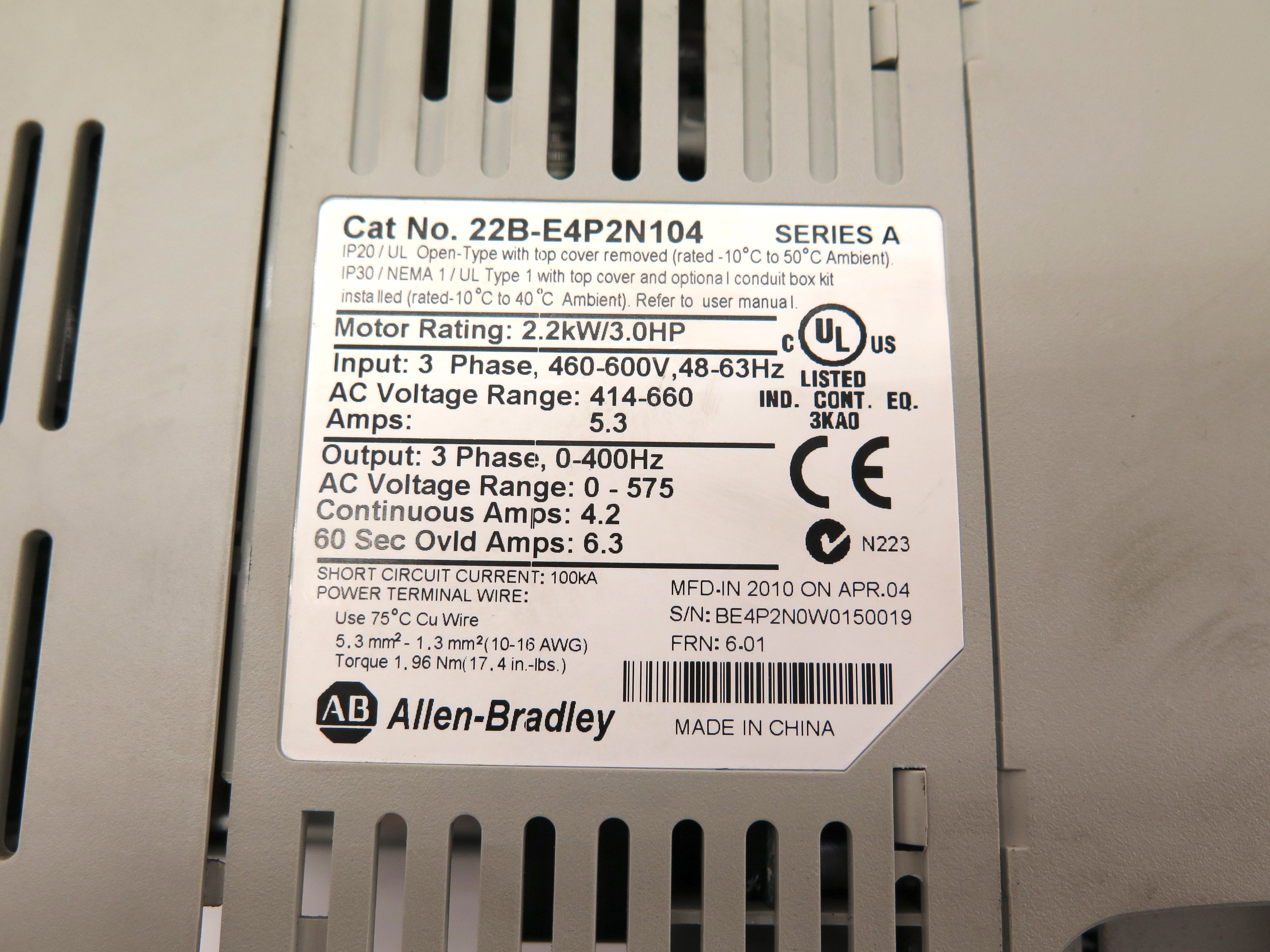 Allen-Bradley 22B-E4P2N104 AC Drive 2.2kW / 3HP 460-600Vac - Advance Operations