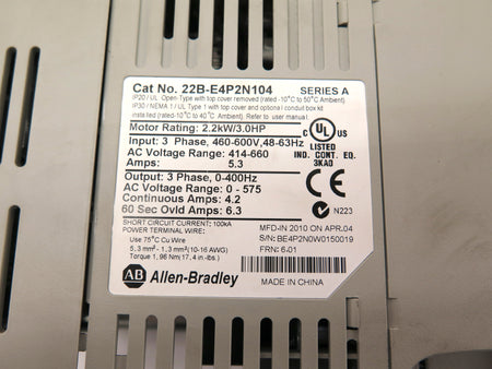 Allen-Bradley 22B-E4P2N104 AC Drive 2.2kW / 3HP 460-600Vac - Advance Operations