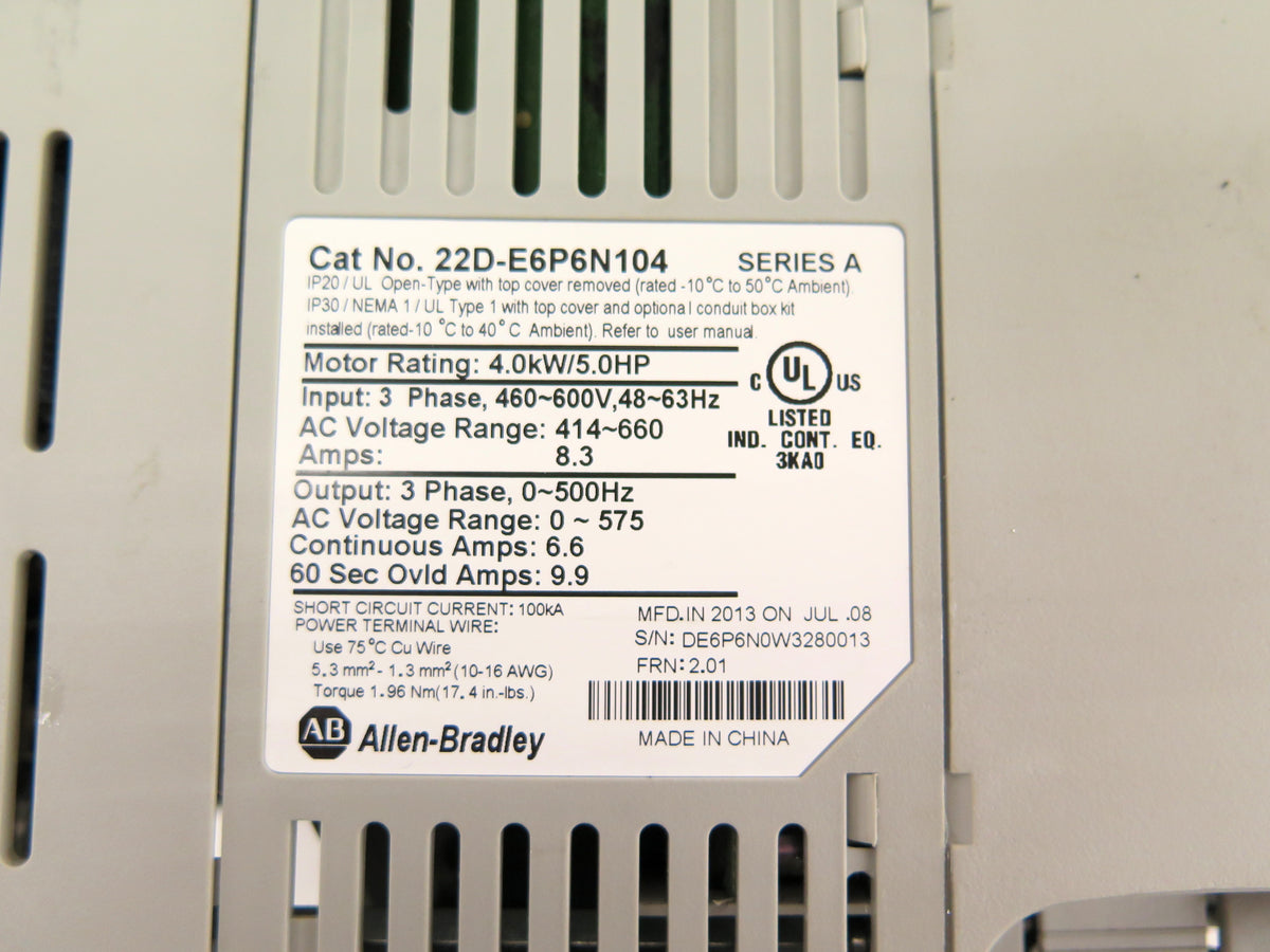 file Allen-Bradley 22D-E6P6N104 PowerFlex 40 Ac Drive 4.0kW / 5Hp 460-600Vac ...