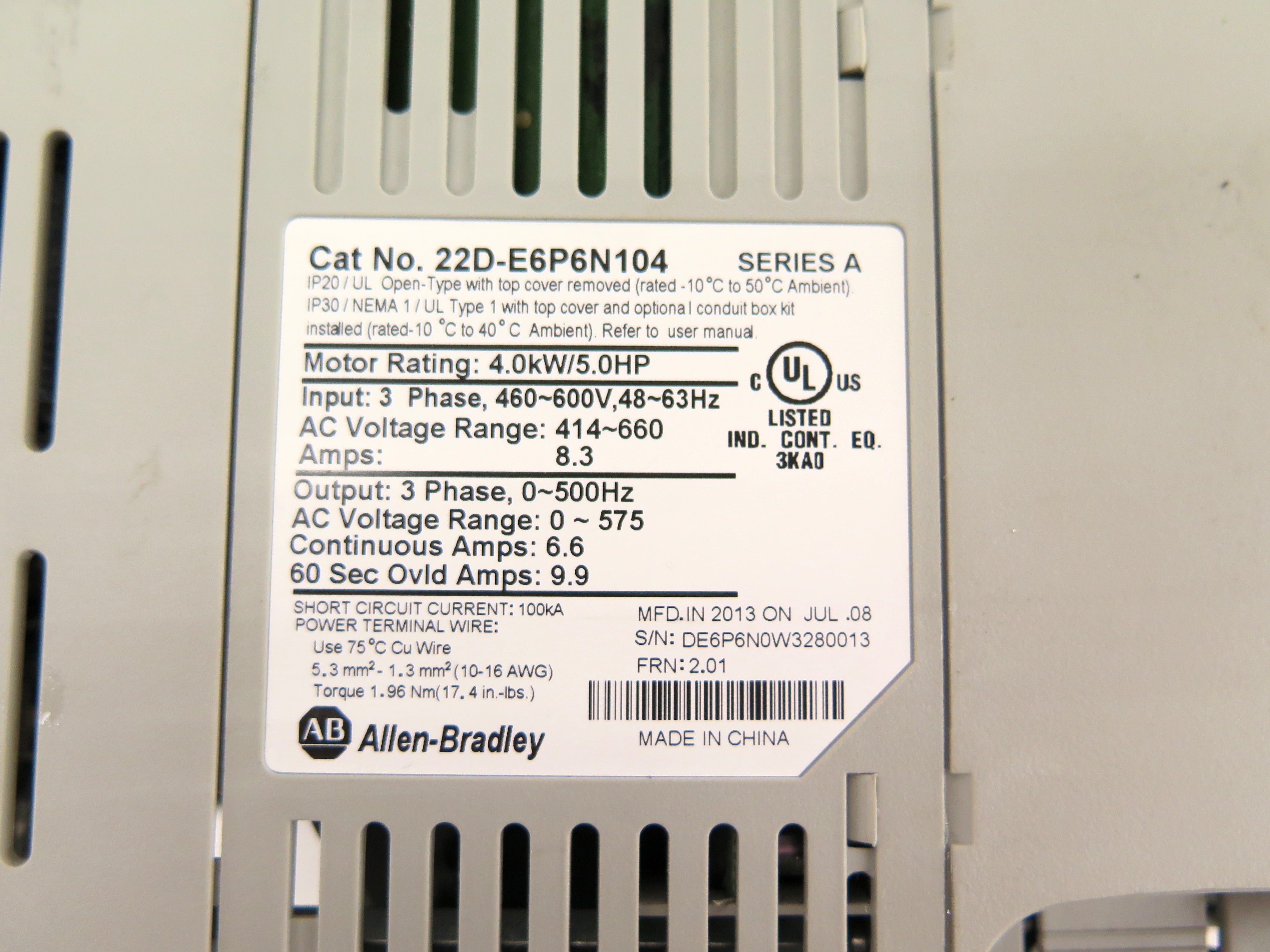 Allen-Bradley 22D-E6P6N104 PowerFlex 40 Ac Drive 4.0kW / 5Hp 460-600Vac 8.3A - Advance Operations