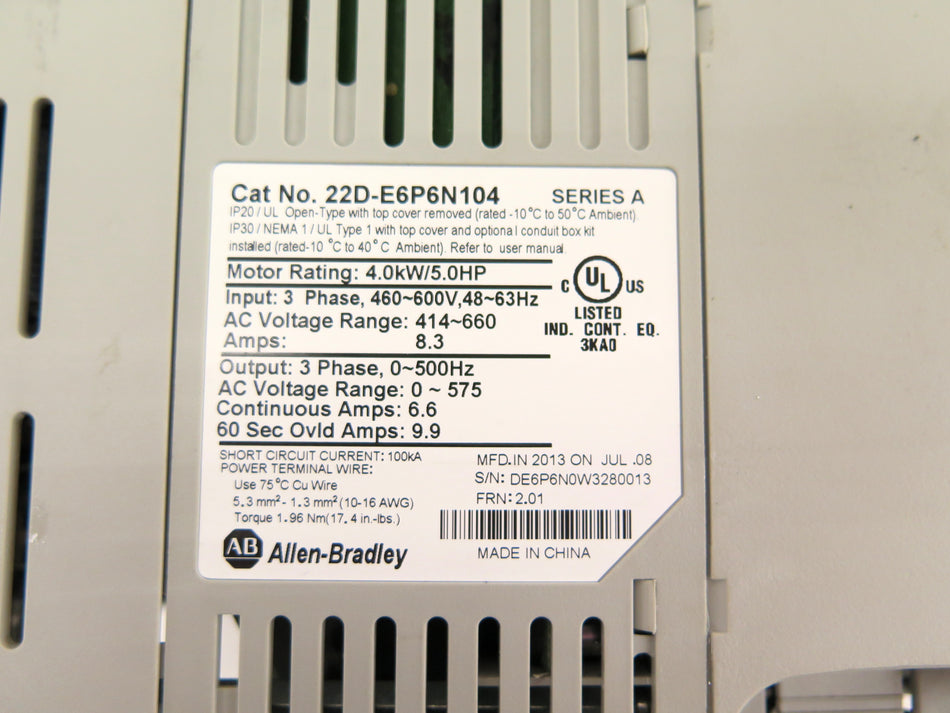 Allen-Bradley 22D-E6P6N104 PowerFlex 40 Ac Drive 4.0kW / 5Hp 460-600Vac 8.3A - Advance Operations