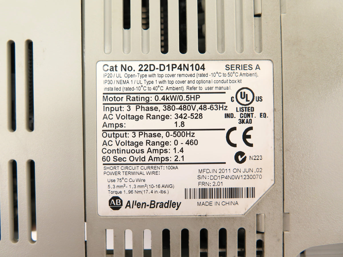 Allen-Bradley 22D-D1P4N104 AC Drive 0.4kW/0.5HP 380-480Vac - Advance Operations