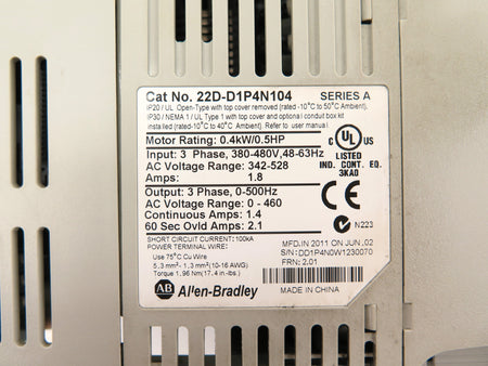 Allen-Bradley 22D-D1P4N104 AC Drive 0.4kW/0.5HP 380-480Vac - Advance Operations