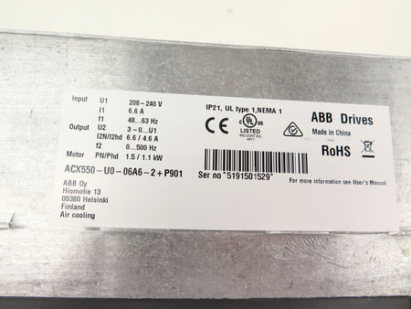 ABB ACX550-U0-06A6-2+P901 AC Drive 1.5 / 1.1 kW 208-240VAc 6.6A - Advance Operations