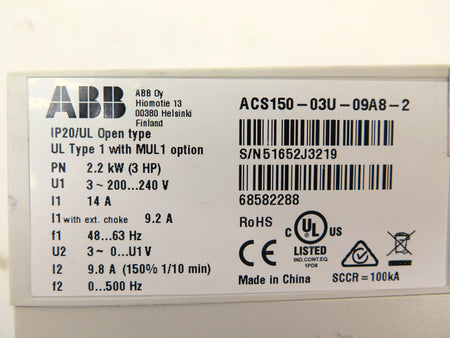 ABB ACS150-03U-09A8-2 AC Drive 3HP (2.2kW) 200-240V - Advance Operations