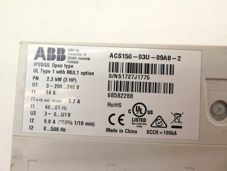 ABB ACS150-03U-09A8-2 AC Drive 3HP (2.2kW) 200-240V  *READ* - Advance Operations