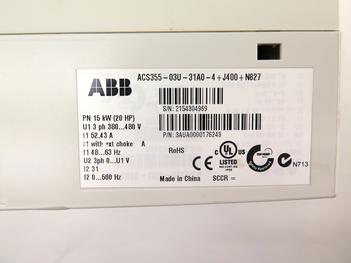 ABB ACS355-03U-31A0-4+J400 +N827 AC Drive 20HP (15kW)  380-480Vac 52.43A - Advance Operations