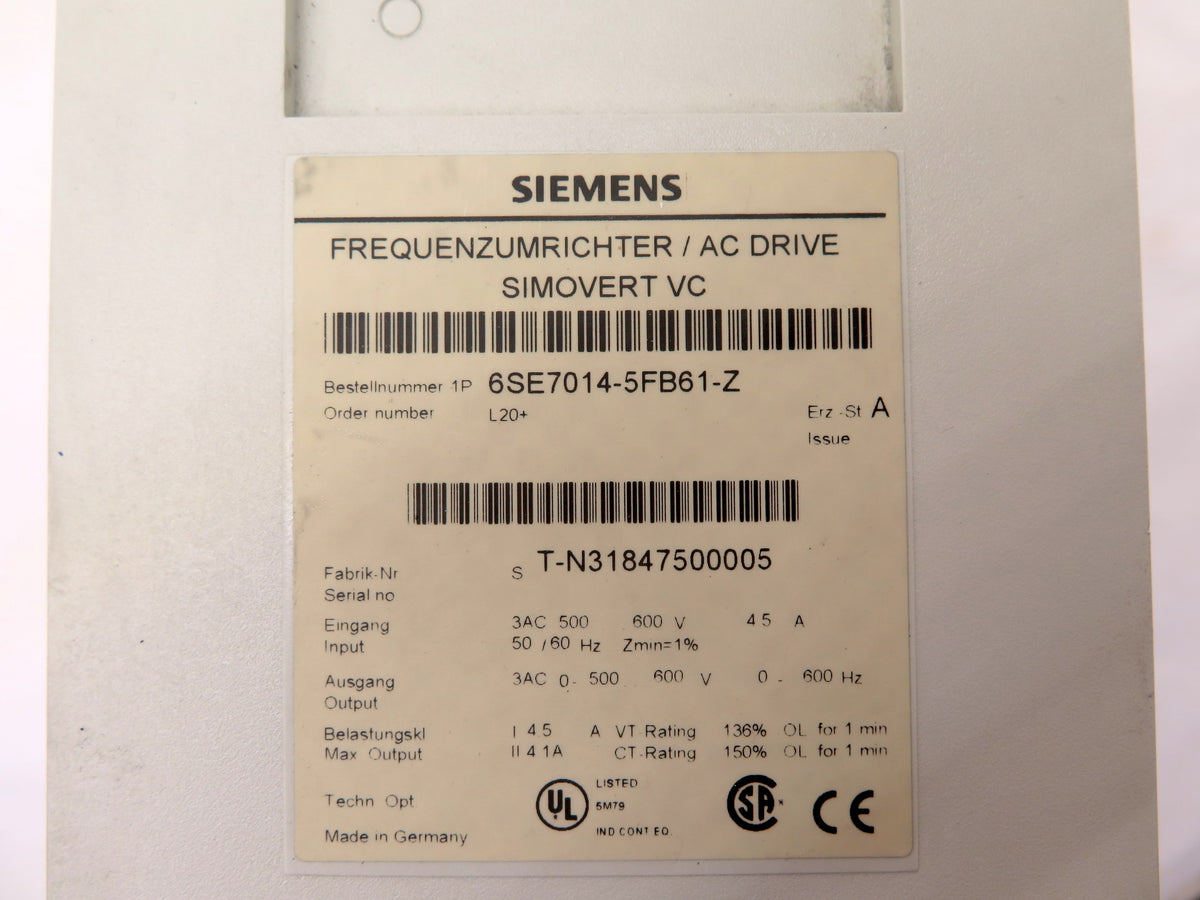 Siemens 6SE7014-5FB61-Z AC Drive 600V Simovert VC - Advance Operations