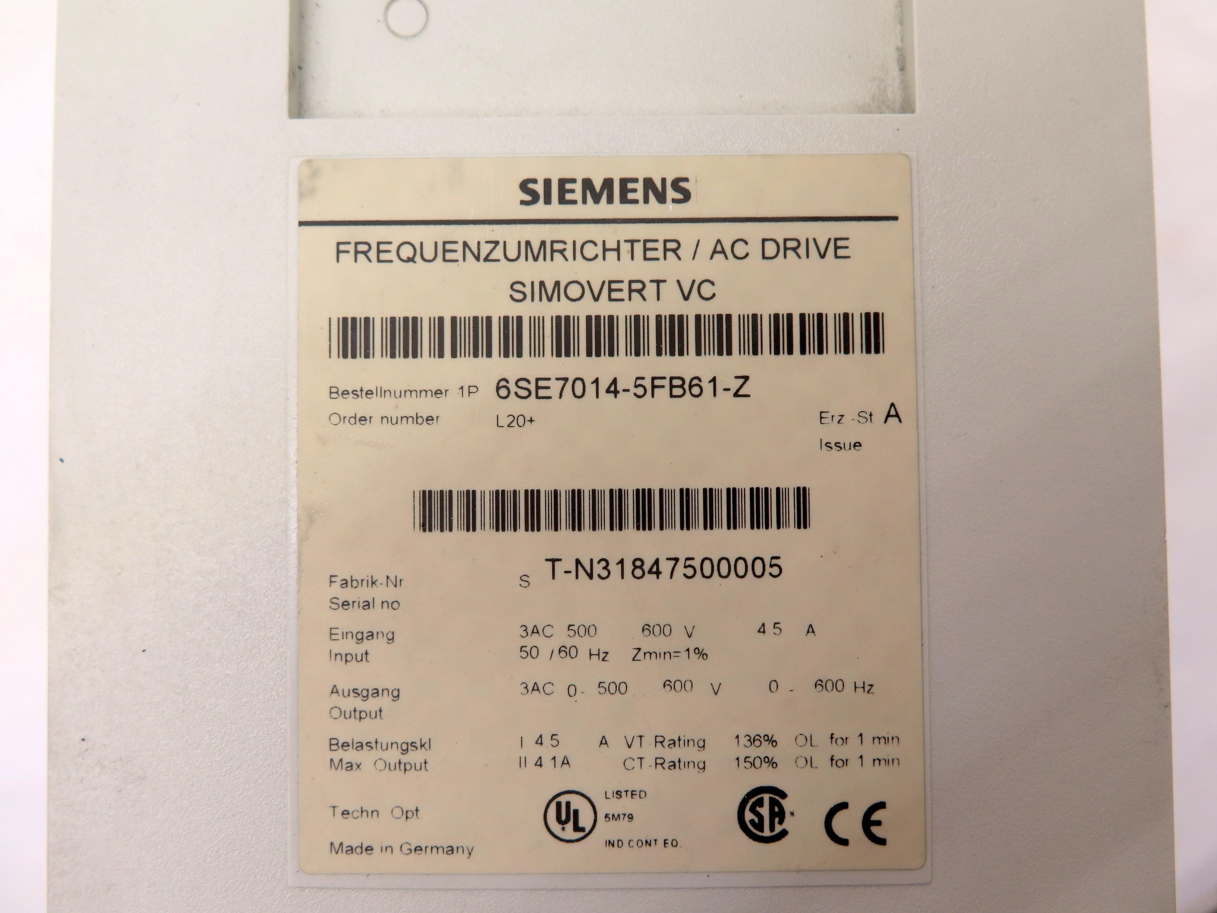 Siemens 6SE7014-5FB61-Z AC Drive 600V Simovert VC - Advance Operations