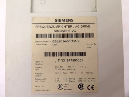 Siemens 6SE7014-5FB61-Z AC Drive 600V Simovert VC - Advance Operations