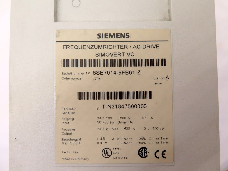 Siemens 6SE7014-5FB61-Z AC Drive 600V Simovert VC - Advance Operations