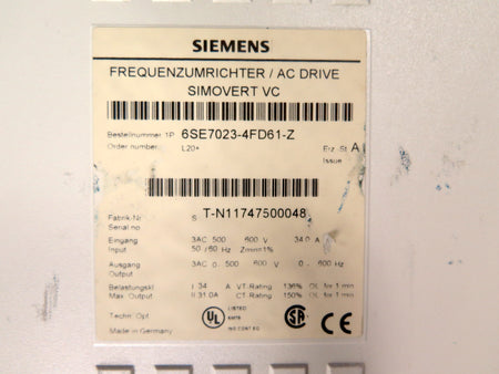 Siemens 6SE7023-4FD61-Z AC Drive Simovert 600Vac - Advance Operations