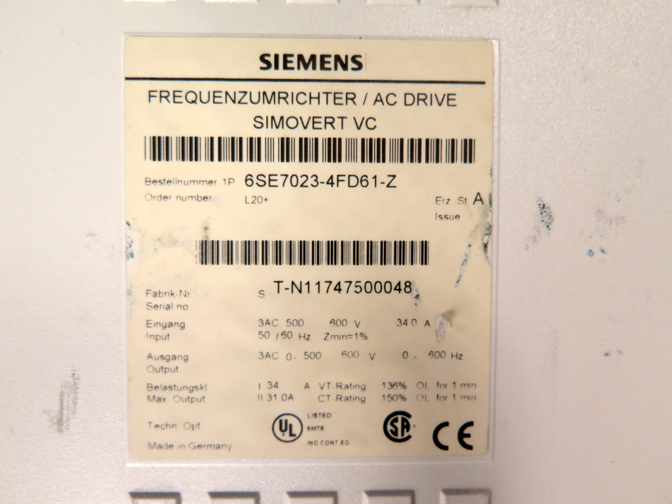 Siemens 6SE7023-4FD61-Z AC Drive Simovert 600Vac - Advance Operations