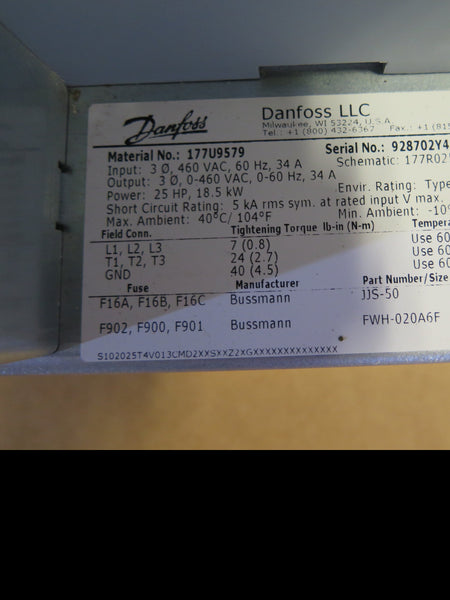 Danfoss 177U9579 AC Drive 25HP / 18.5kW 0-460Vac 3Phase - Advance Operations