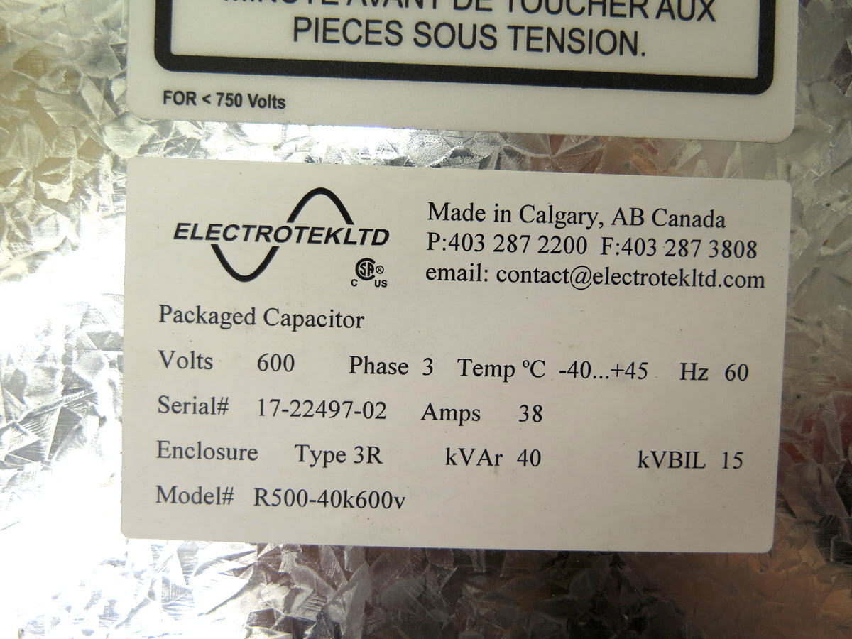 Electrotekltd R500-40k600v Packaged Capacitor 600Vac 3Ph 38A - Advance Operations