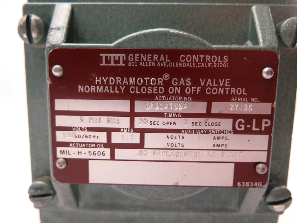 ITT General Controls AH13A162A Hydramotor Gas Valve 120Vac 1.5A - Advance Operations