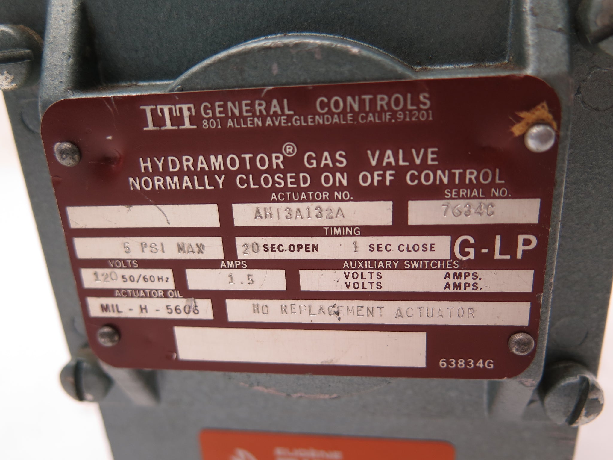 ITT General Controls Hydramotor Gas Valve AHI3A132A 120Vac 1.5A ...