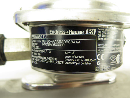 Endress + Hauser 83F80-AAASADRCBAAA Sanitary Promass F Flowmeter 3" - Advance Operations