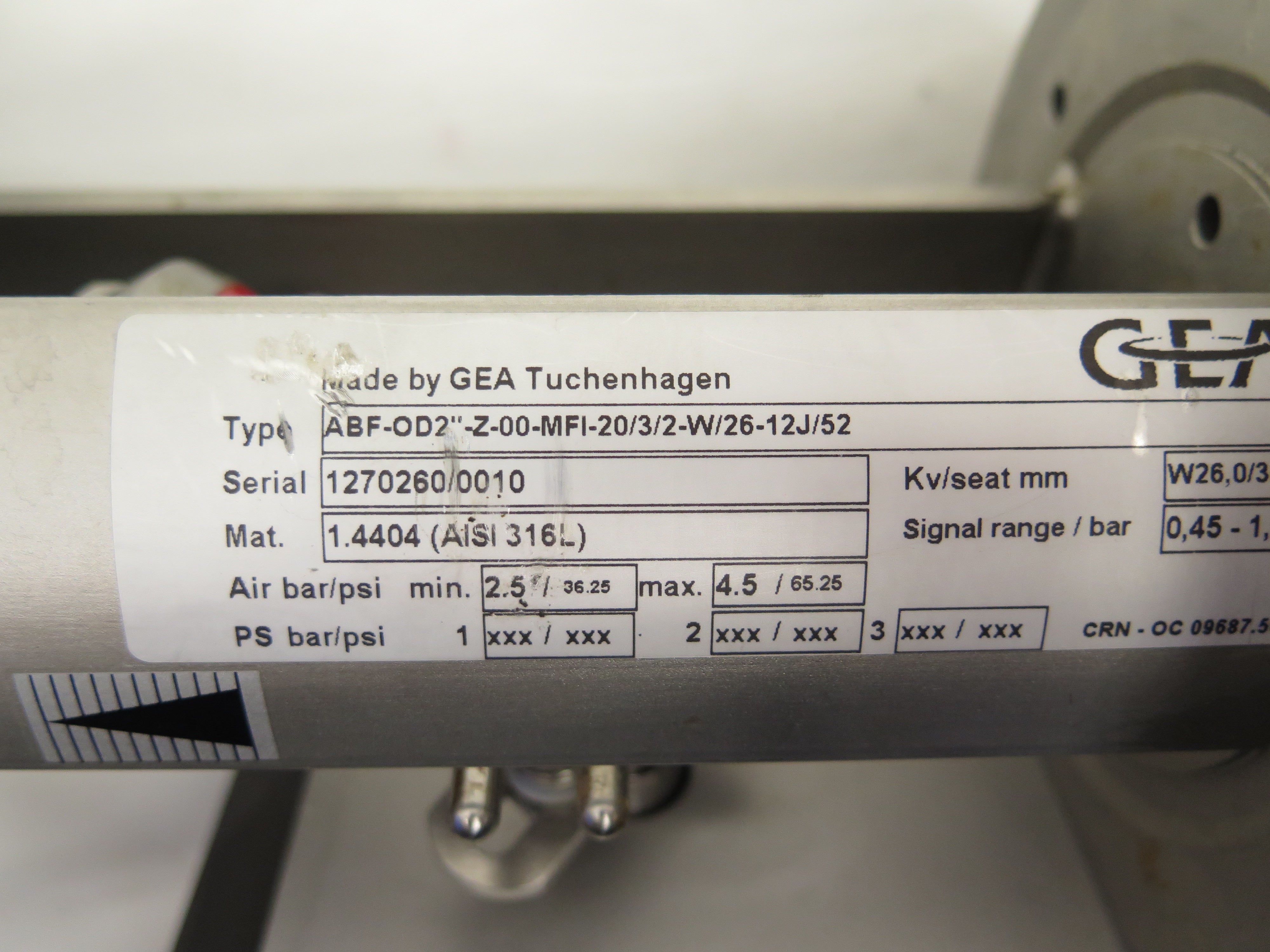 GEA OD2"-Z-00-MFI-20/3/2-W/26-12J/52 Sanitary Stainless Valve & Controller - Advance Operations