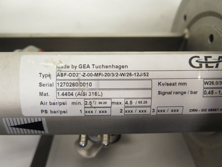 GEA OD2"-Z-00-MFI-20/3/2-W/26-12J/52 Sanitary Stainless Valve & Controller - Advance Operations