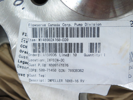 Flowserve MY48902A160-D20 Impeller 10x8-16 RV NEW N ORIGINAL BOX - Advance Operations